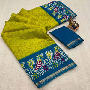 Lime Yellow & Blue Abstract Printed Dola Silk Saree Enhanced With Kalamkari Art Pallu