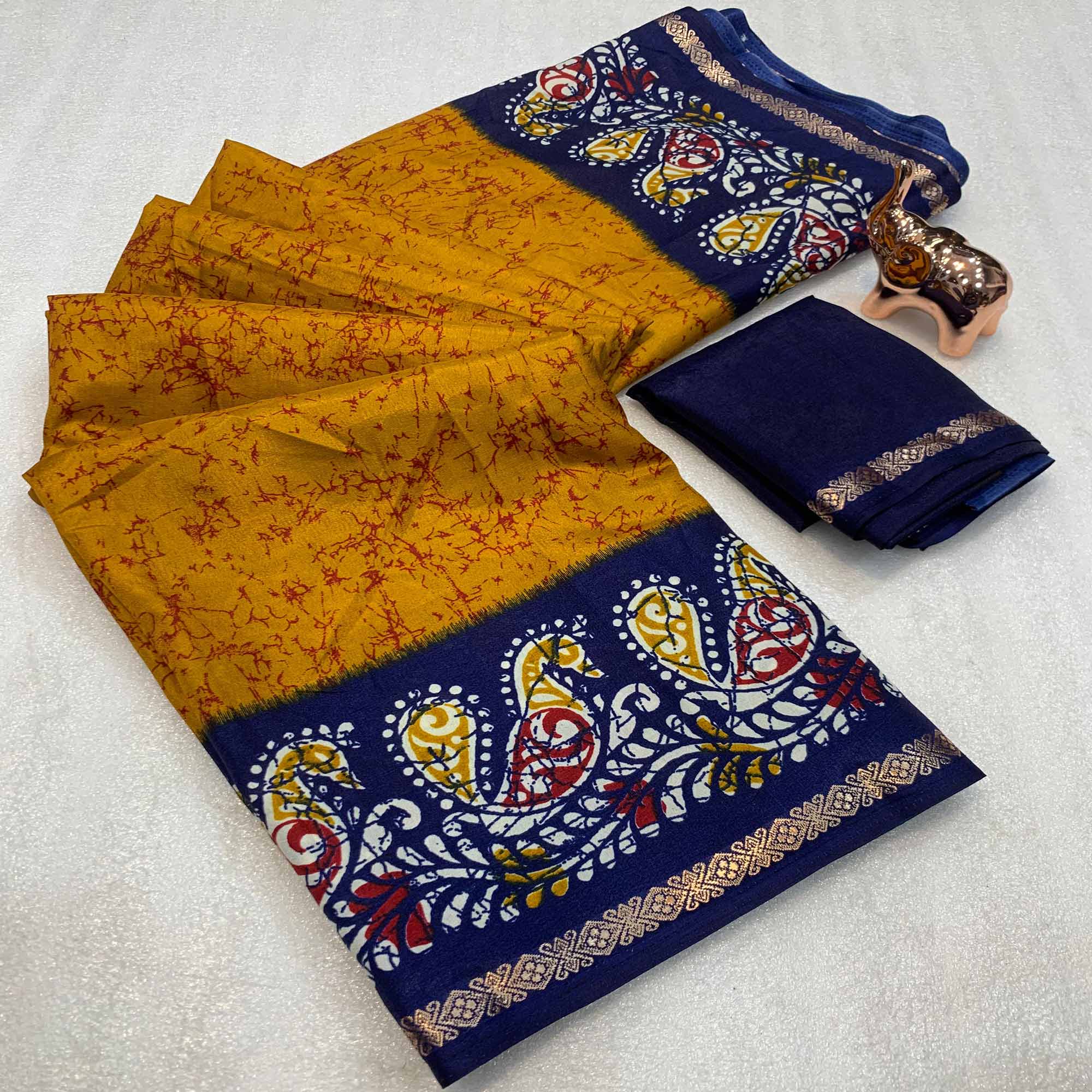 Mustard & Navy Blue Abstract Printed Dola Silk Saree Enhanced With Kalamkari Art Pallu