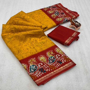 Mustard & Red Abstract Printed Dola Silk Saree Enhanced With Kalamkari Art Pallu