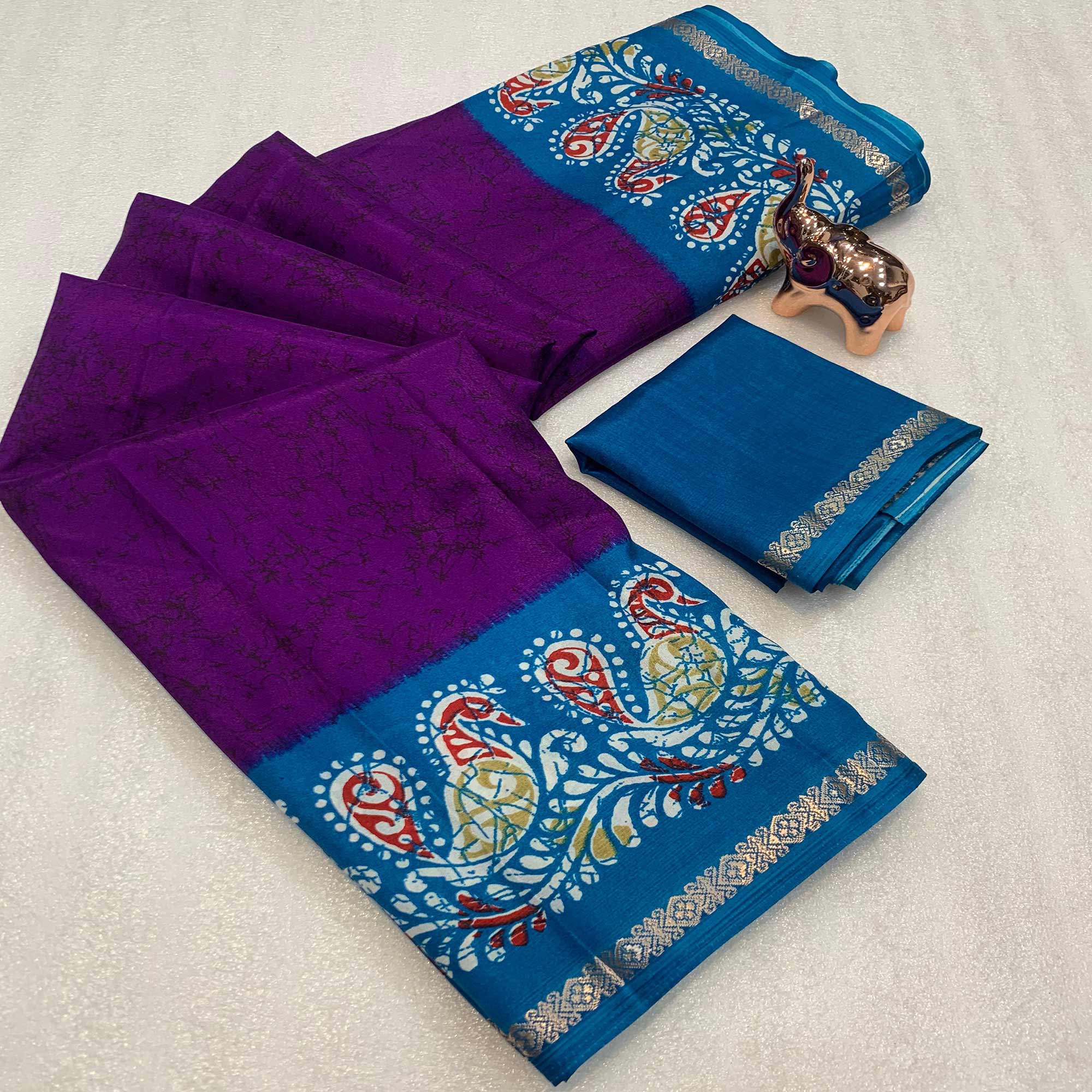 Purple & Blue Abstract Printed Dola Silk Saree Enhanced With Kalamkari Art Pallu