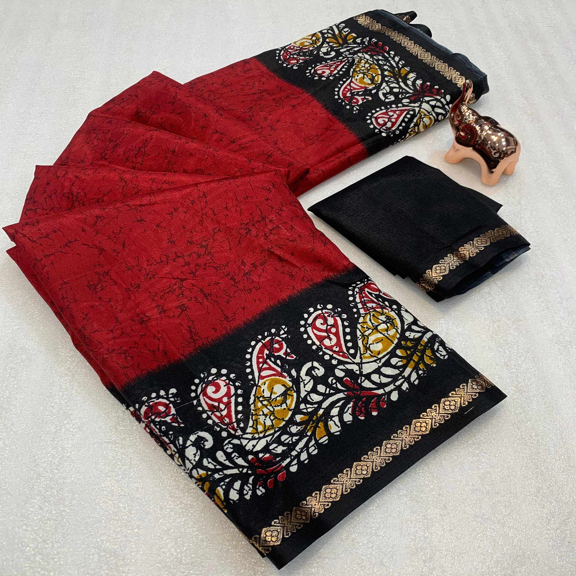Red & Black Abstract Printed Dola Silk Saree Enhanced With Kalamkari Art Pallu