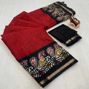 Red & Black Abstract Printed Dola Silk Saree Enhanced With Kalamkari Art Pallu