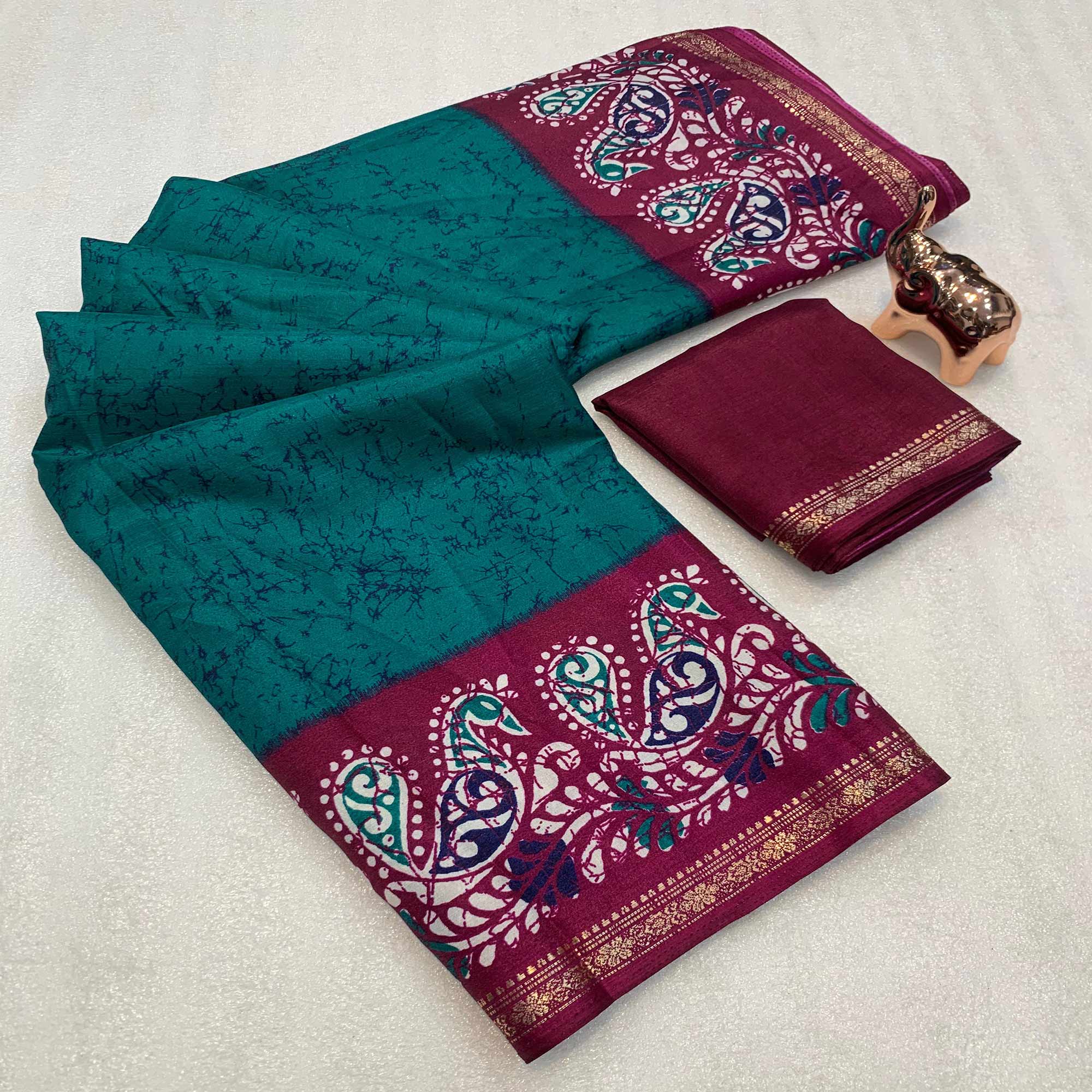 Teal & Wine Abstract Printed Dola Silk Saree Enhanced With Kalamkari Art Pallu