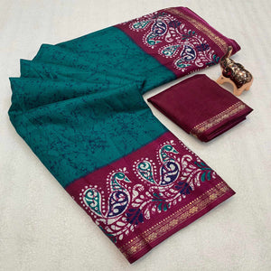 Teal & Wine Abstract Printed Dola Silk Saree Enhanced With Kalamkari Art Pallu
