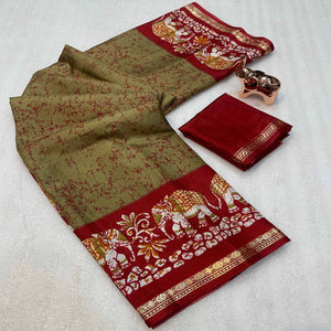 Beige Dola Silk Saree With Abstract Patterns And Kalamkari Pallu Art