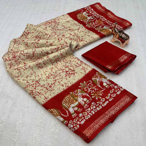 Cream Dola Silk Saree With Abstract Patterns And Kalamkari Pallu Art
