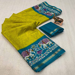 Lemon Green Dola Silk Saree With Abstract Patterns And Kalamkari Pallu Art