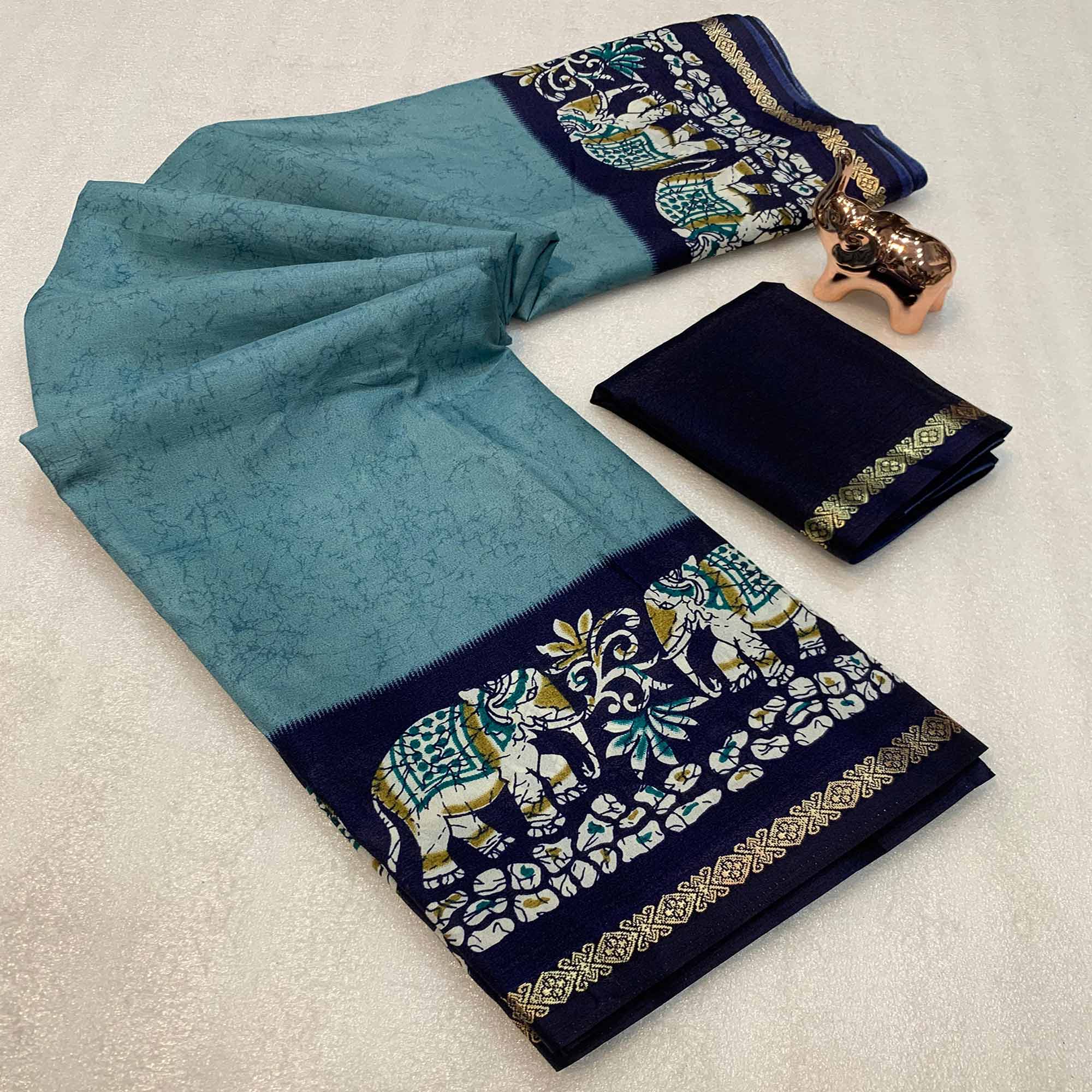 Teal Dola Silk Saree With Abstract Patterns And Kalamkari Pallu Art