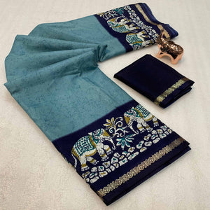Teal Dola Silk Saree With Abstract Patterns And Kalamkari Pallu Art
