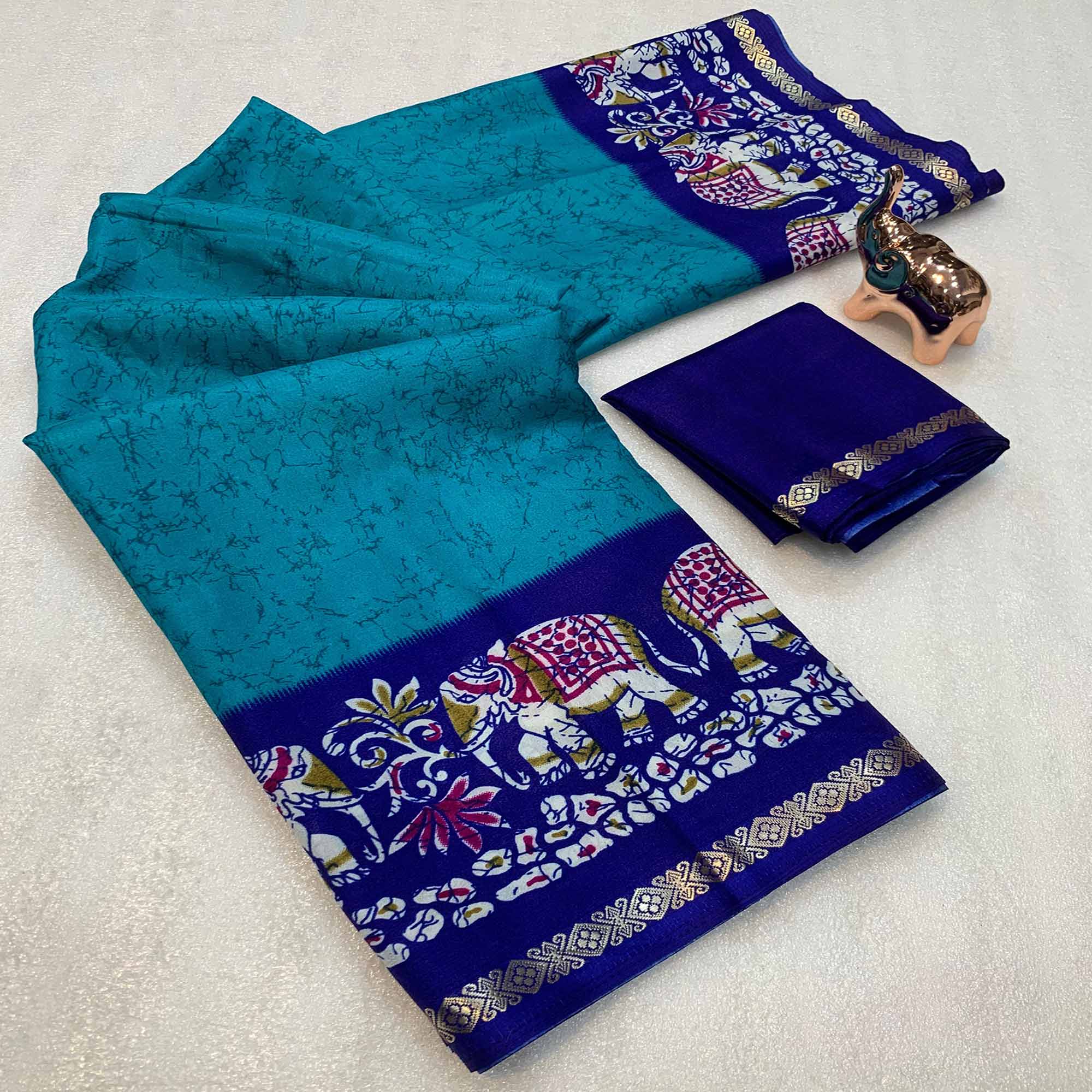 Turquoise Dola Silk Saree With Abstract Patterns And Kalamkari Pallu Art