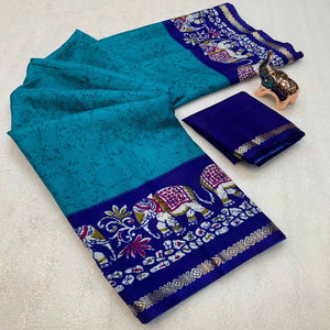 Turquoise Dola Silk Saree With Abstract Patterns And Kalamkari Pallu Art