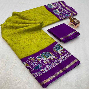 Lime Yellow Dola Silk Saree With Abstract Patterns And Kalamkari Pallu Art
