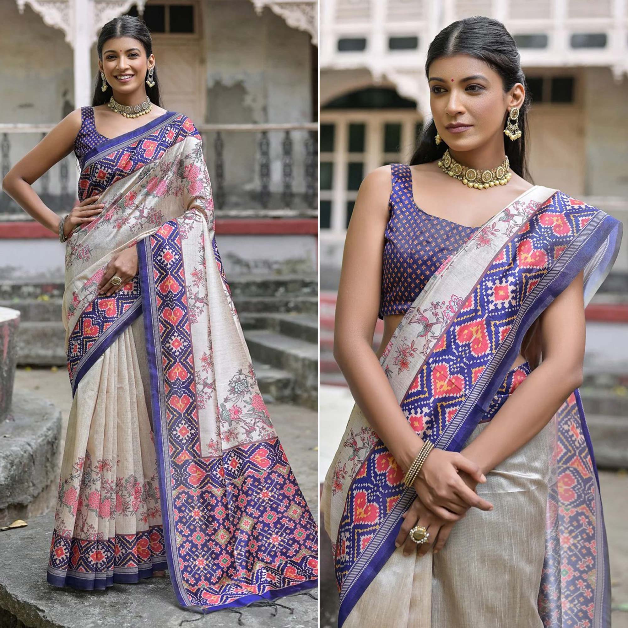 Beige & Blue Floral Printed Tussar Silk Saree