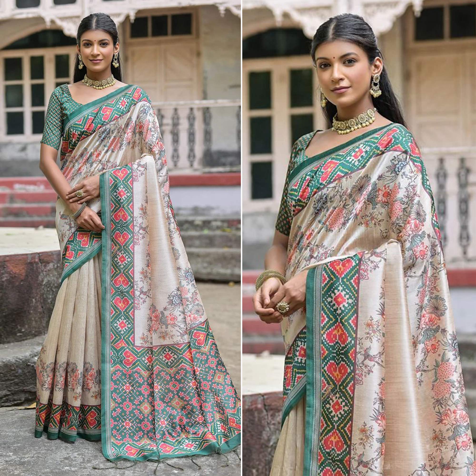 Beige & Green Floral Printed Tussar Silk Saree