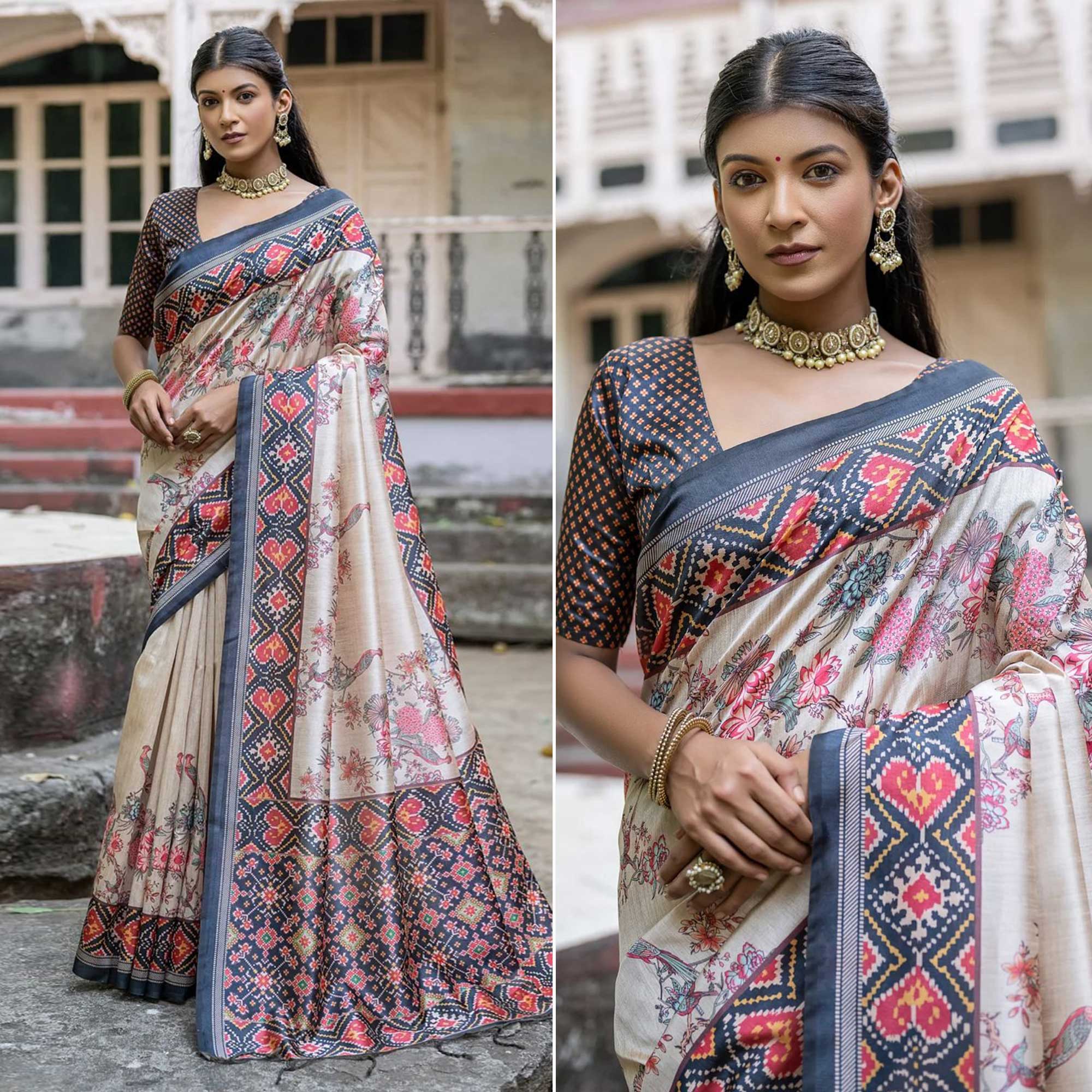 Beige & Grey Floral Printed Tussar Silk Saree