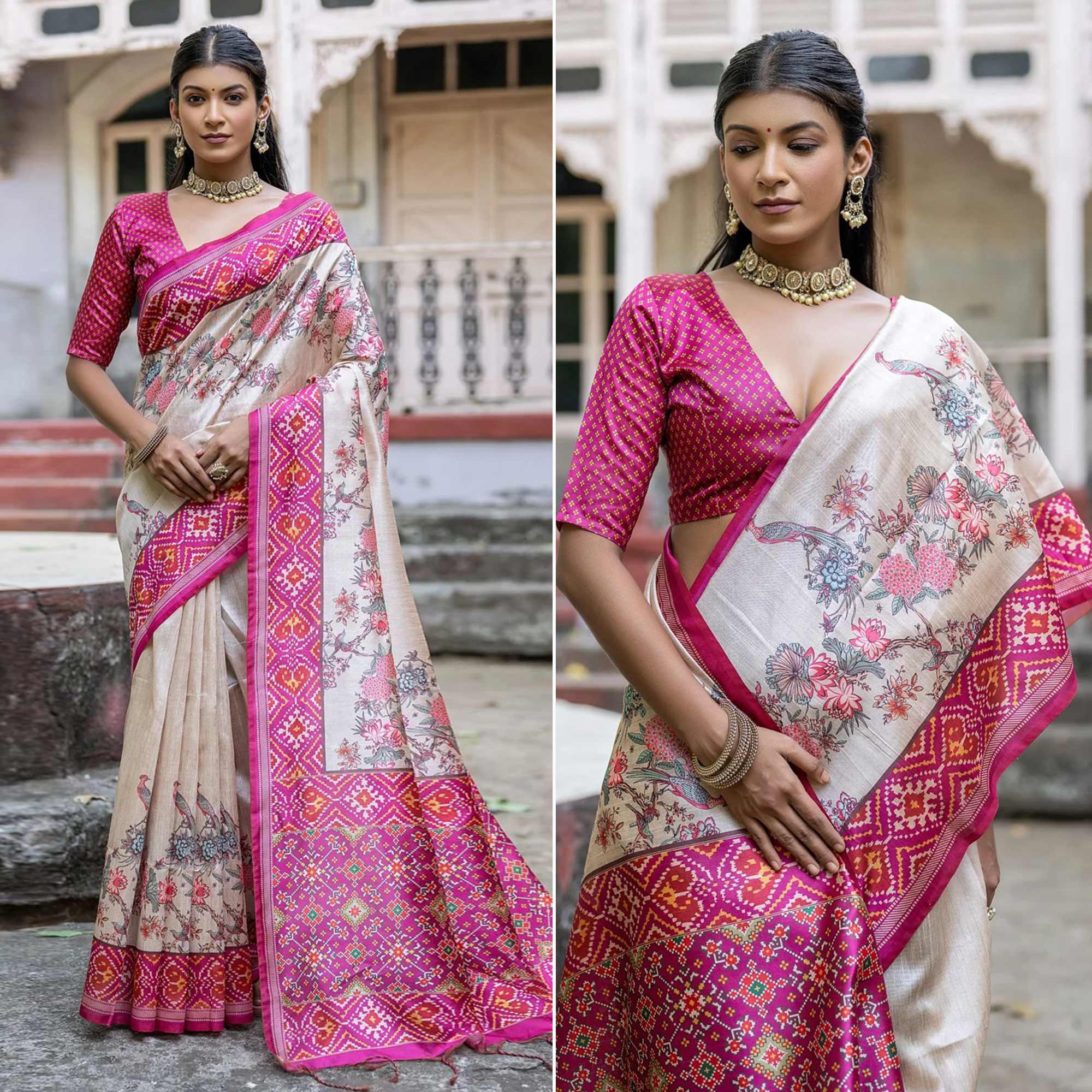 Beige & Pink Floral Printed Tussar Silk Saree