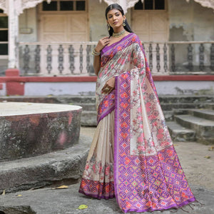 Beige & Purple Floral Printed Tussar Silk Saree