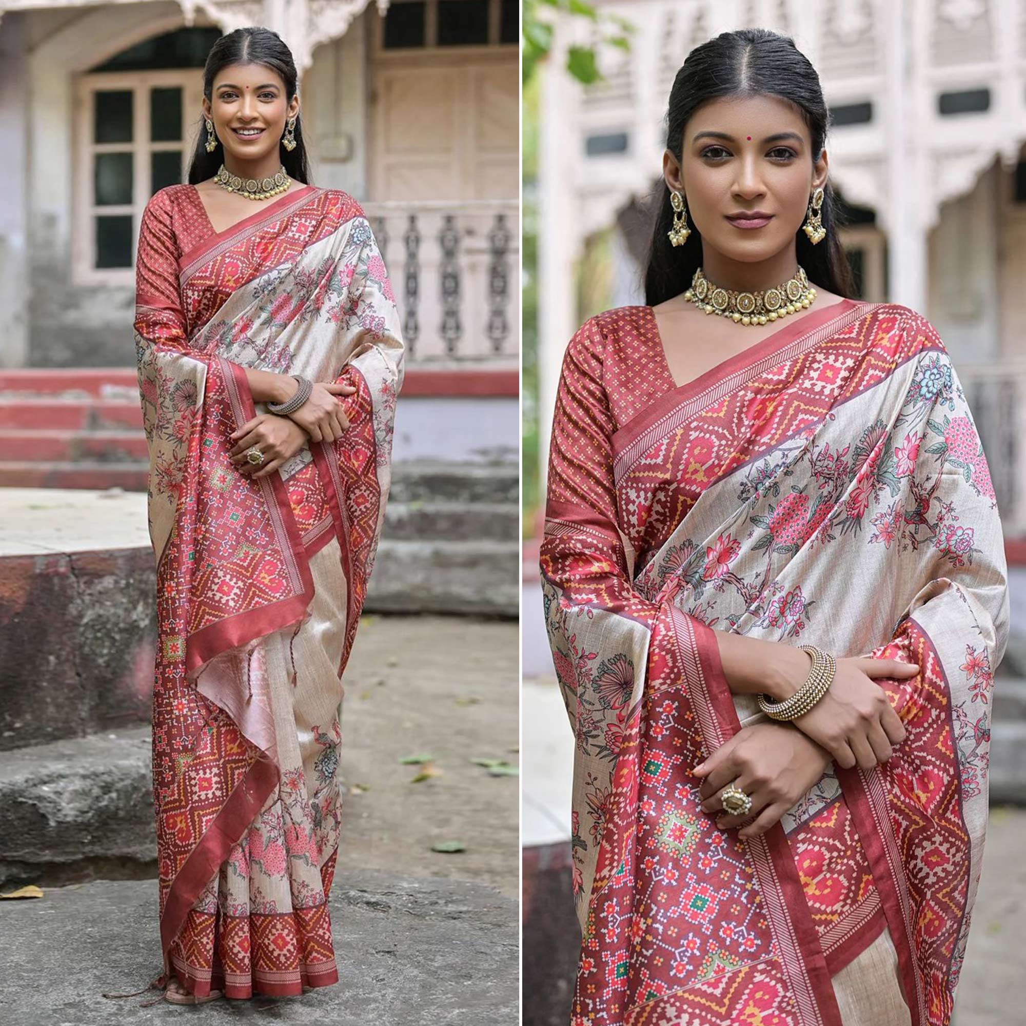 Beige & Red Floral Printed Tussar Silk Saree