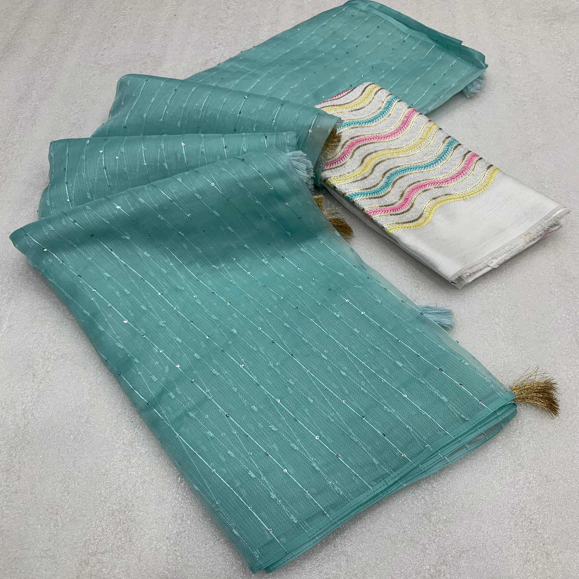 Aqua Blue Sequins Embroidered Organza Saree
