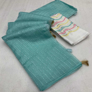 Aqua Blue Sequins Embroidered Organza Saree