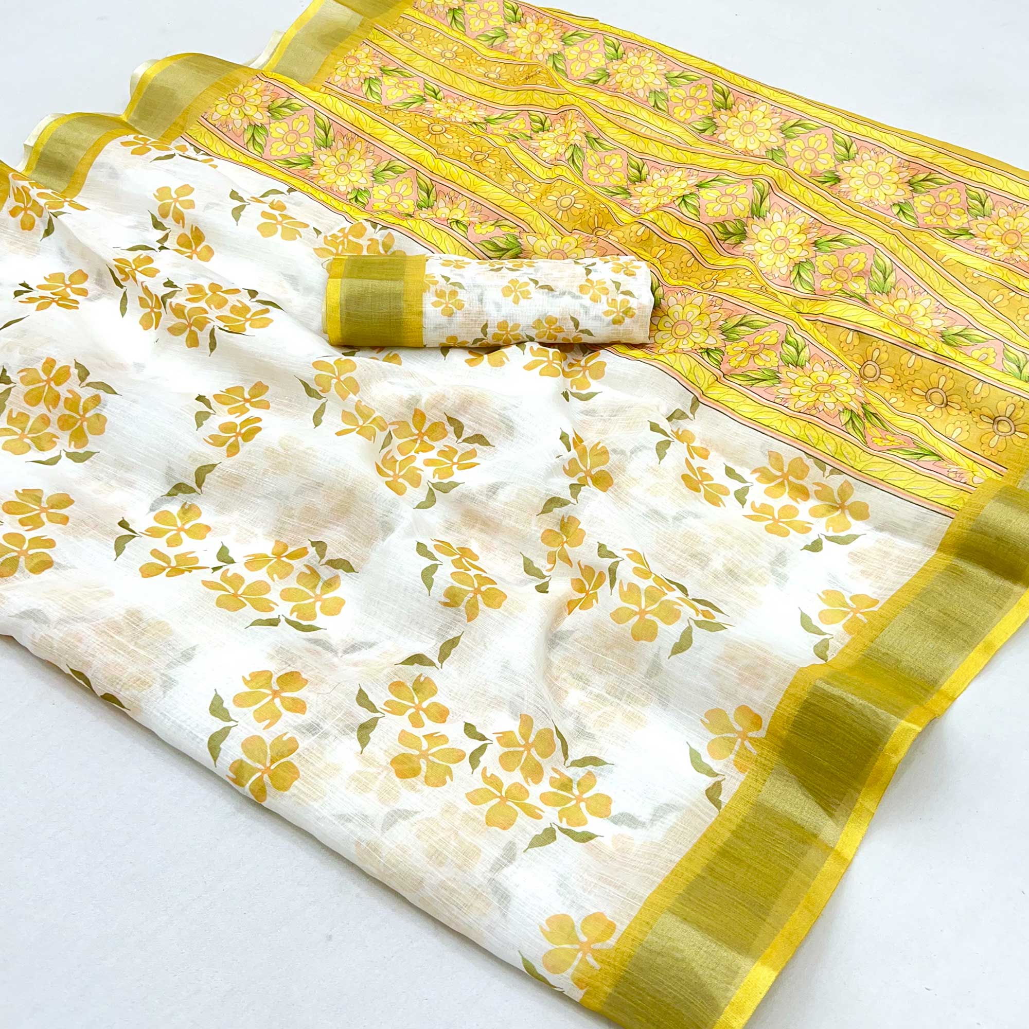 White & Yellow Floral Printed Linen Saree