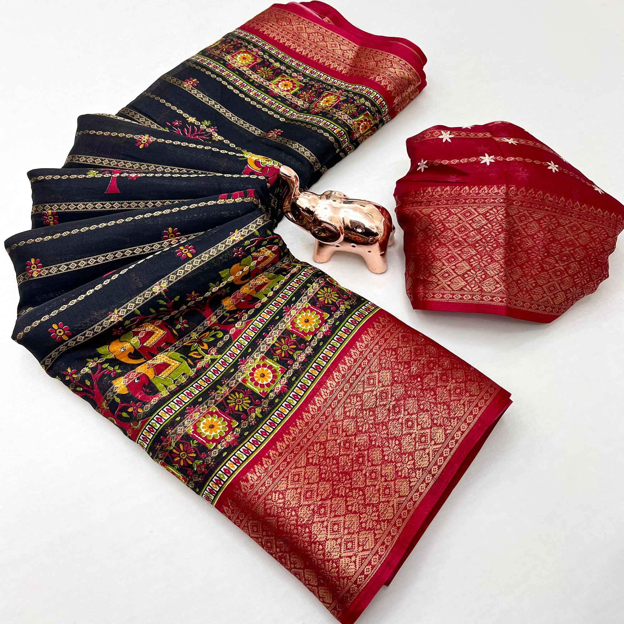 Regal Black Weaving Dola Silk Saree Adorned With Artistic Elephant & Floral Print