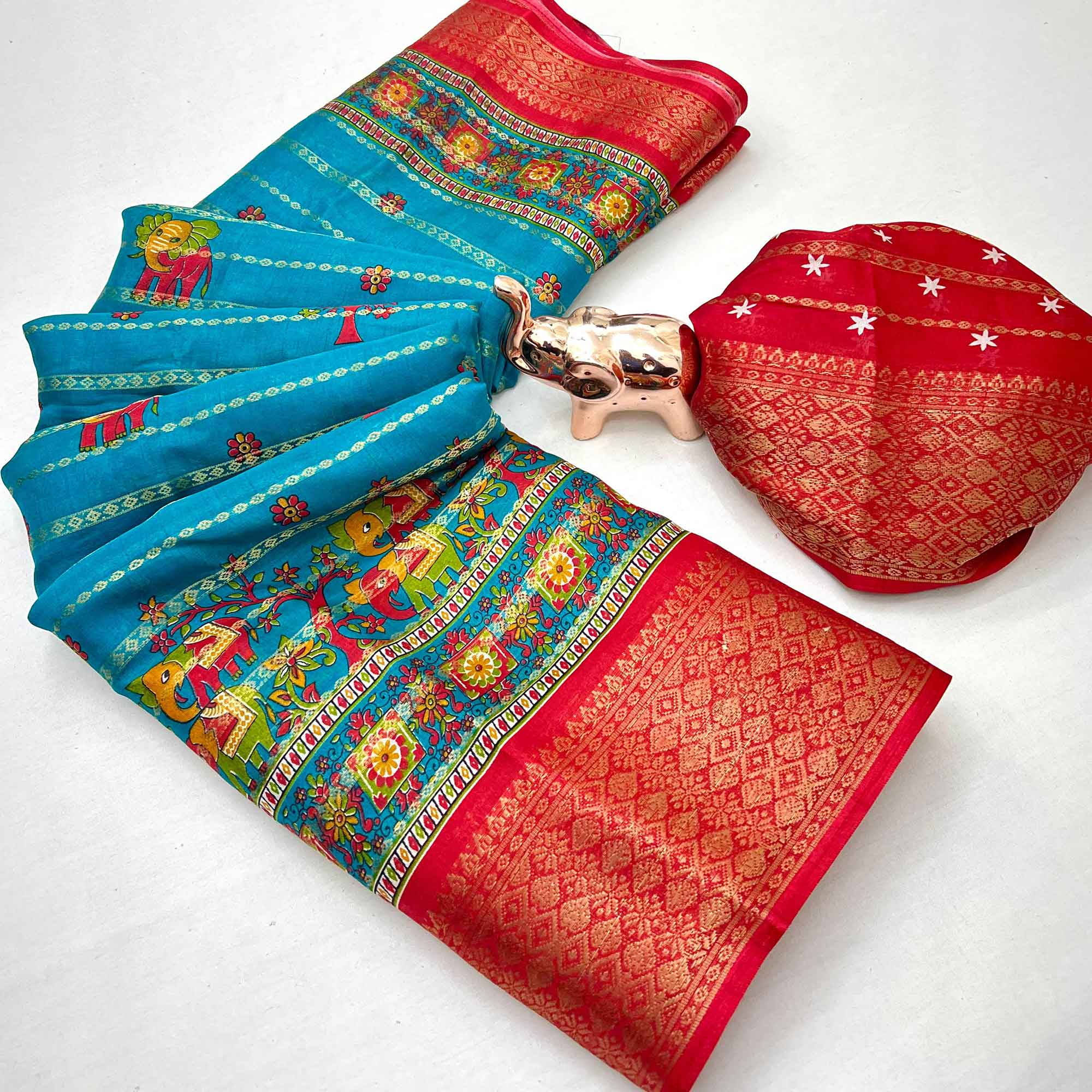 Regal Blue Weaving Dola Silk Saree Adorned With Artistic Elephant & Floral Print