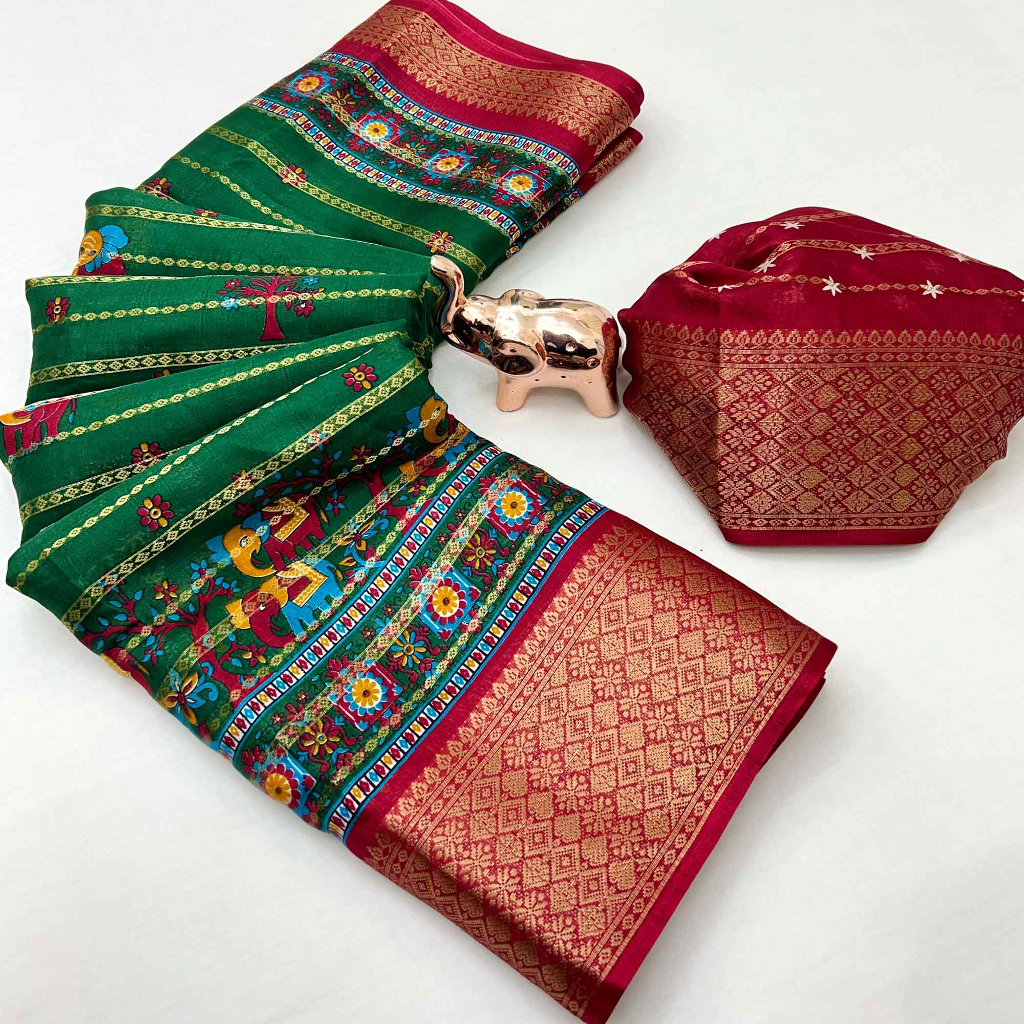 Regal Green Weaving Dola Silk Saree Adorned With Artistic Elephant & Floral Print