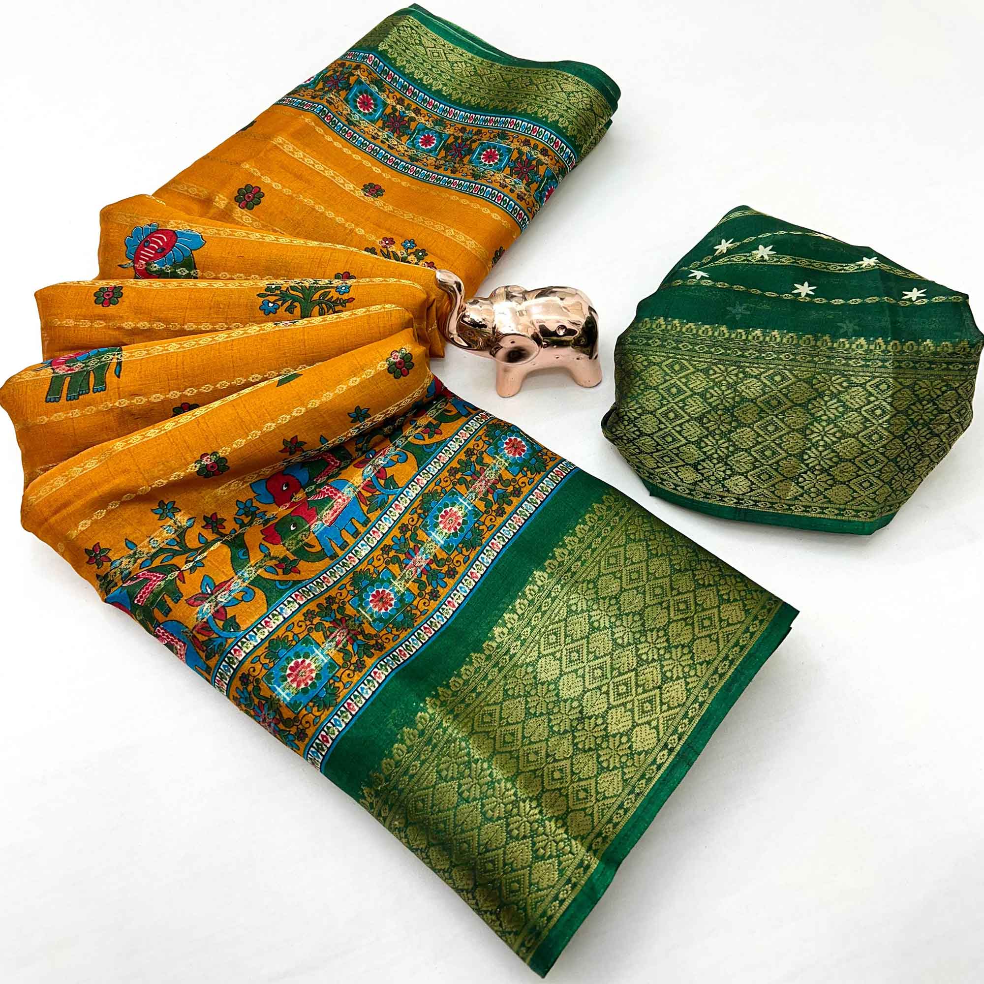 Regal Mustard Weaving Dola Silk Saree Adorned With Artistic Elephant & Floral Print