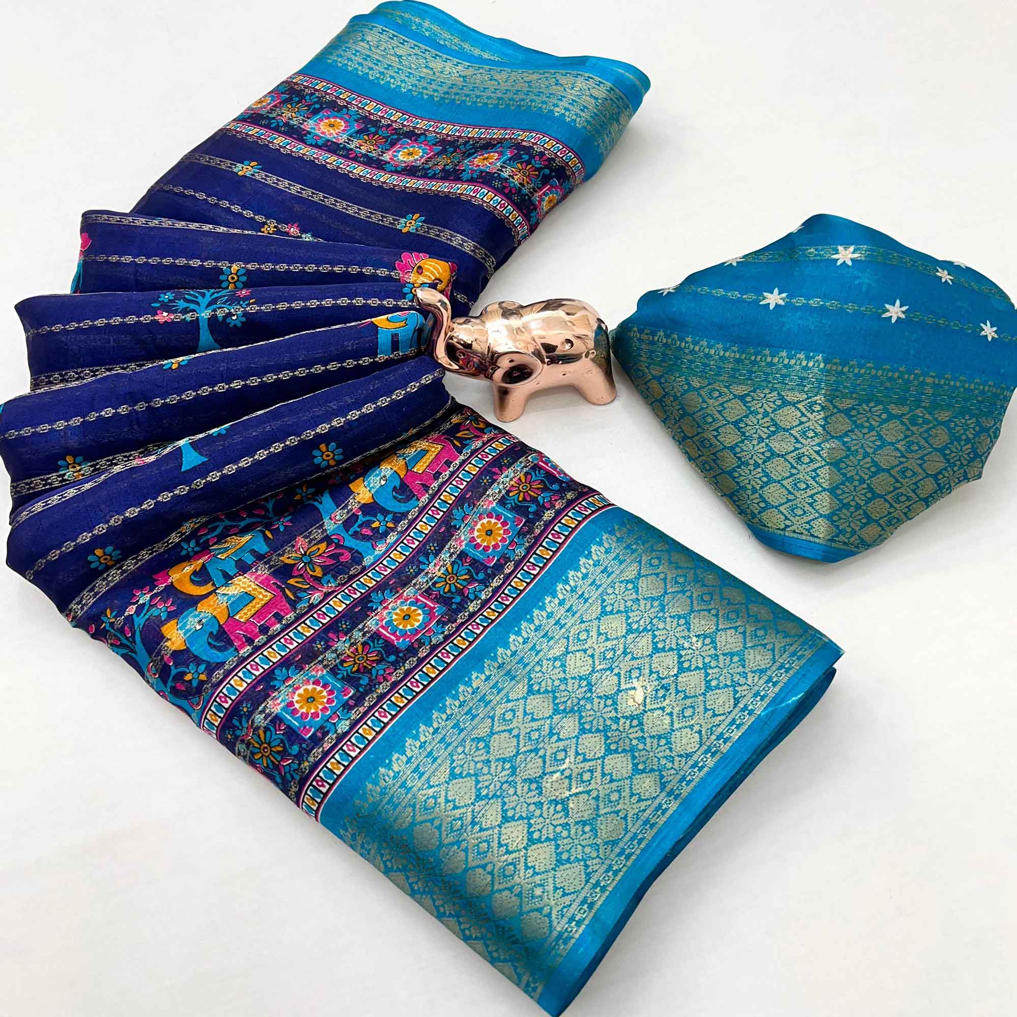 Regal Navy Blue Weaving Dola Silk Saree Adorned With Artistic Elephant & Floral Print
