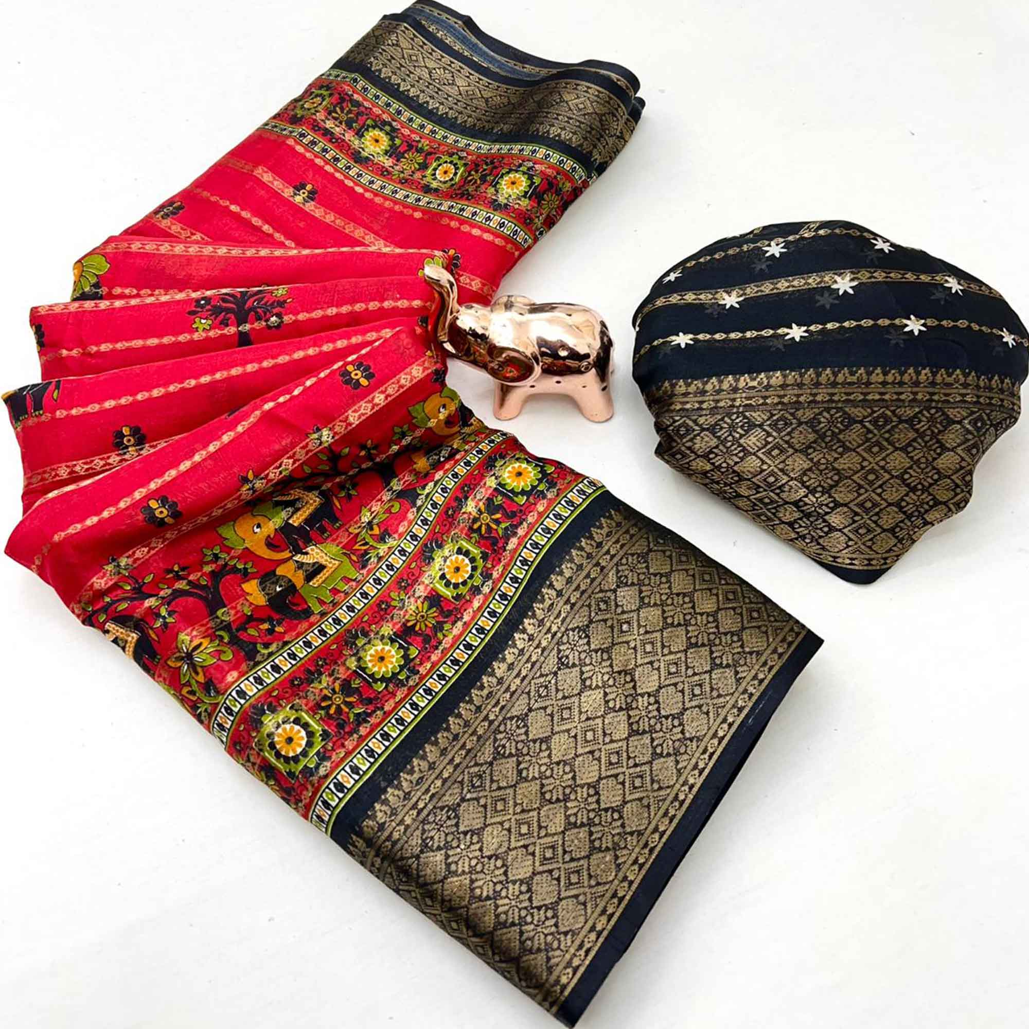 Regal Pink Weaving Dola Silk Saree Adorned With Artistic Elephant & Floral Print