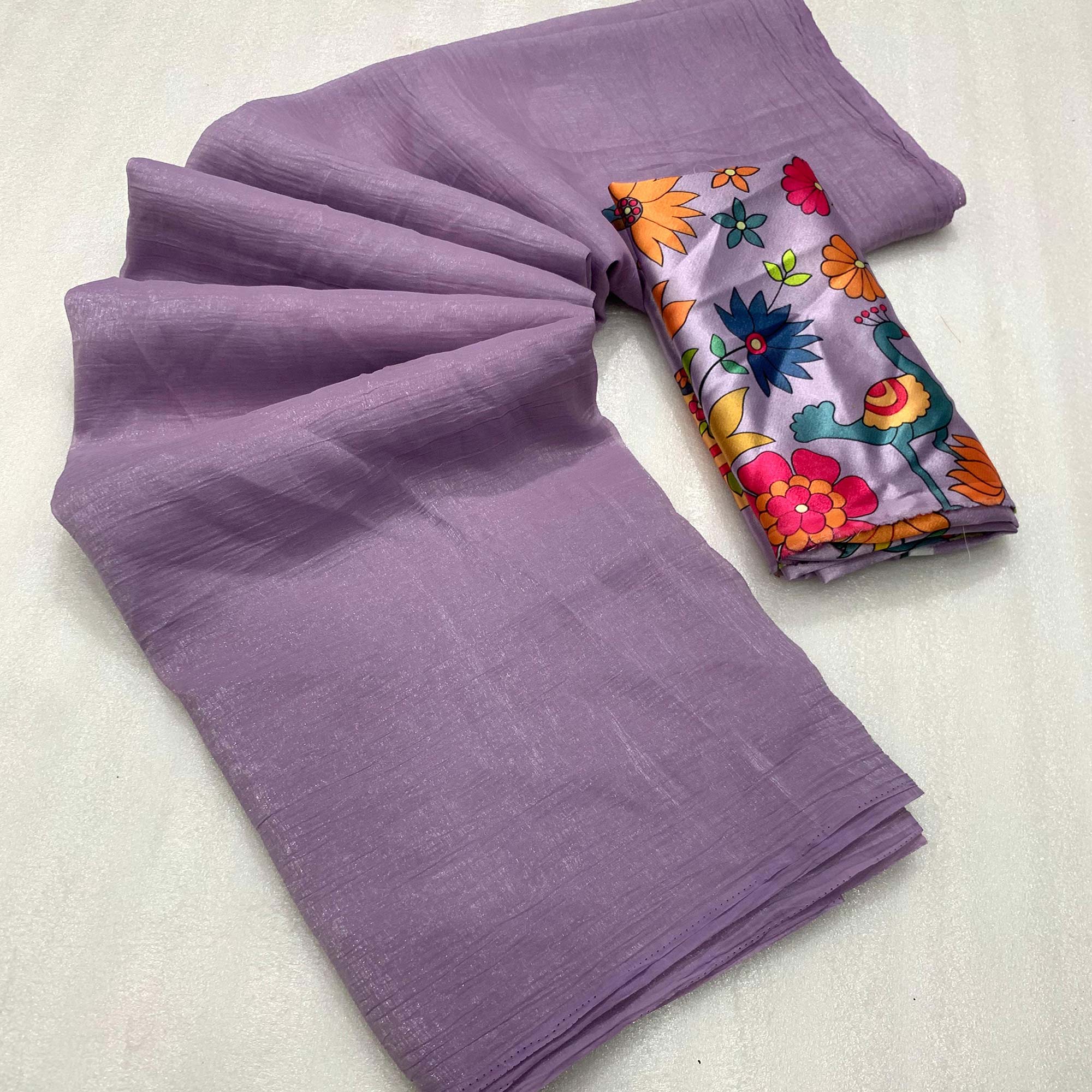 Lavender Solid Crepe Crush Saree