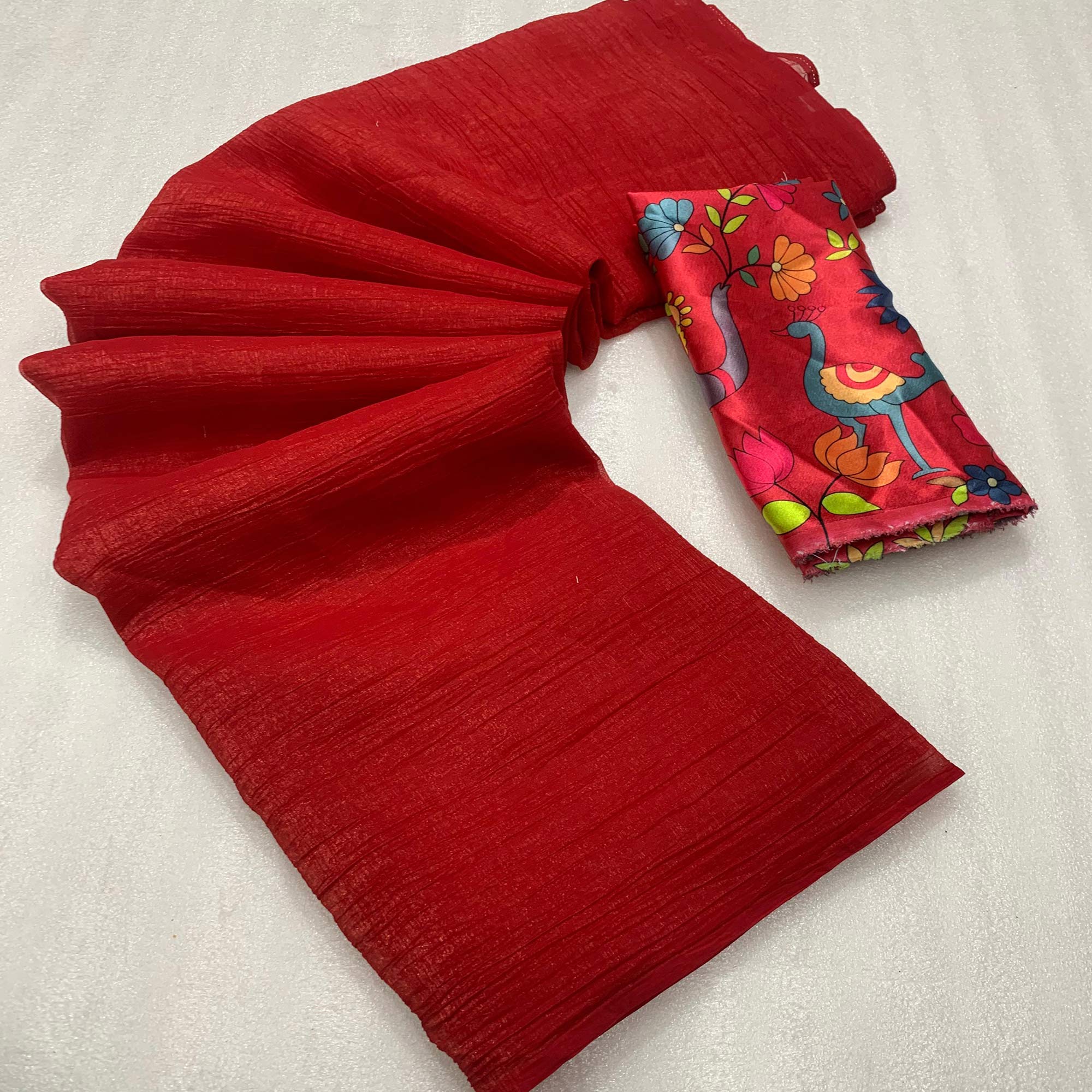Red Solid Crepe Crush Saree