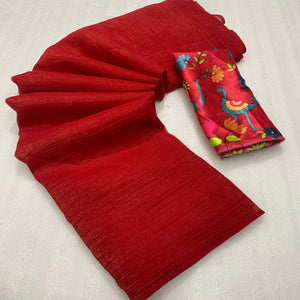 Red Solid Crepe Crush Saree