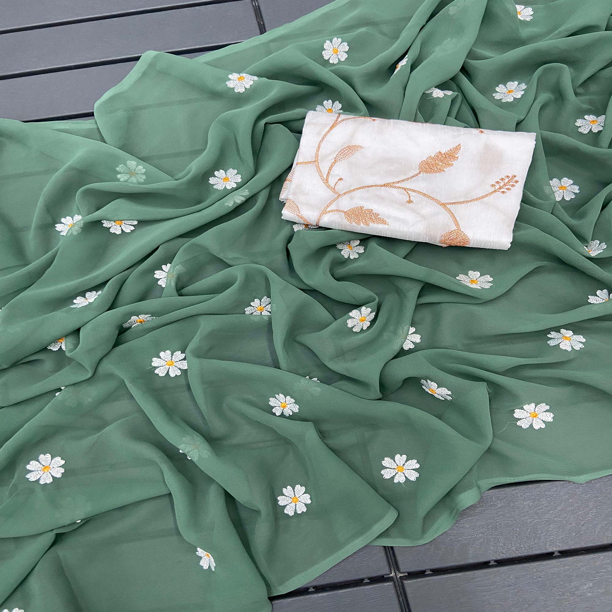 Dusty Green Floral Embroidered Georgette Saree