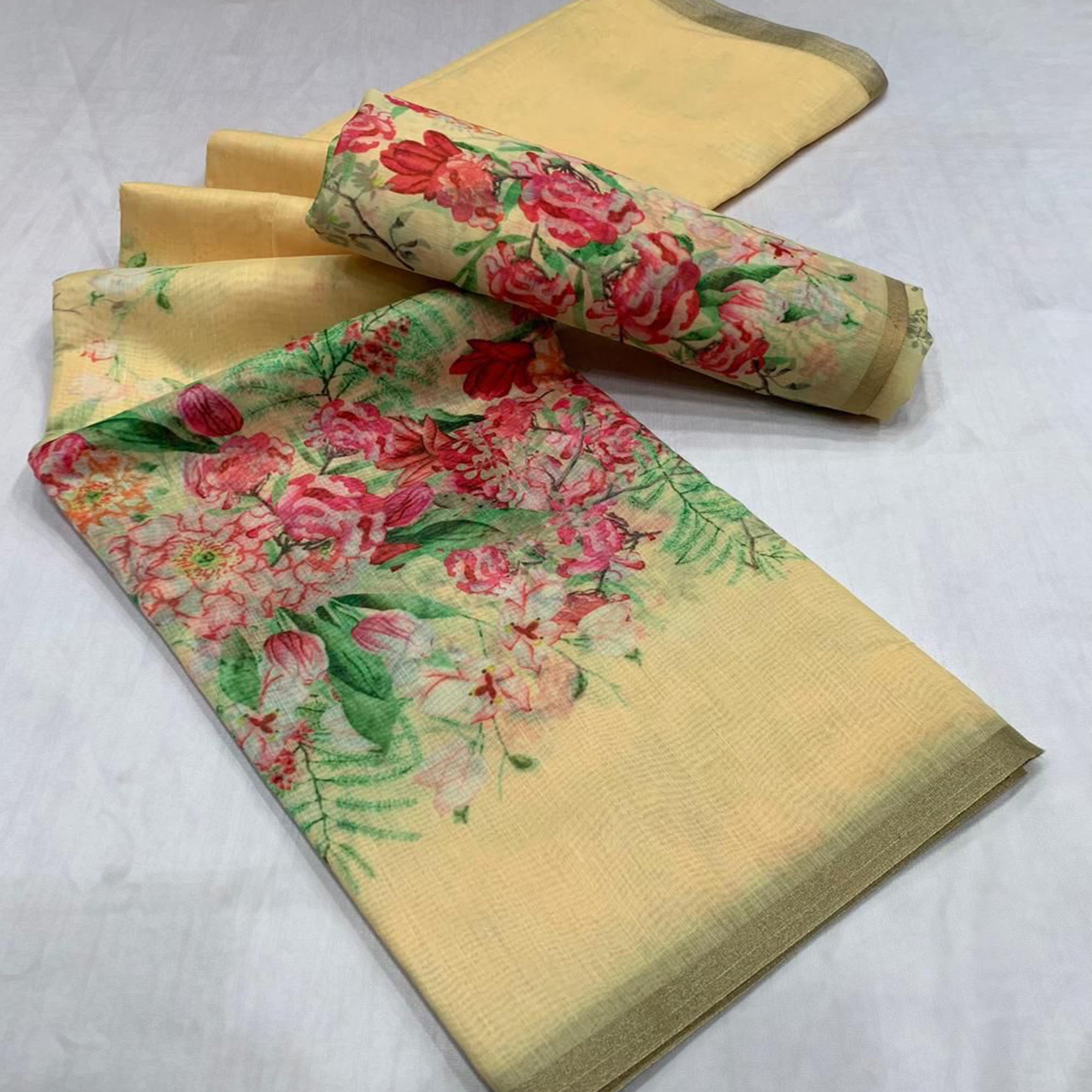 Light Yellow Floral Digital Printed Linen Saree