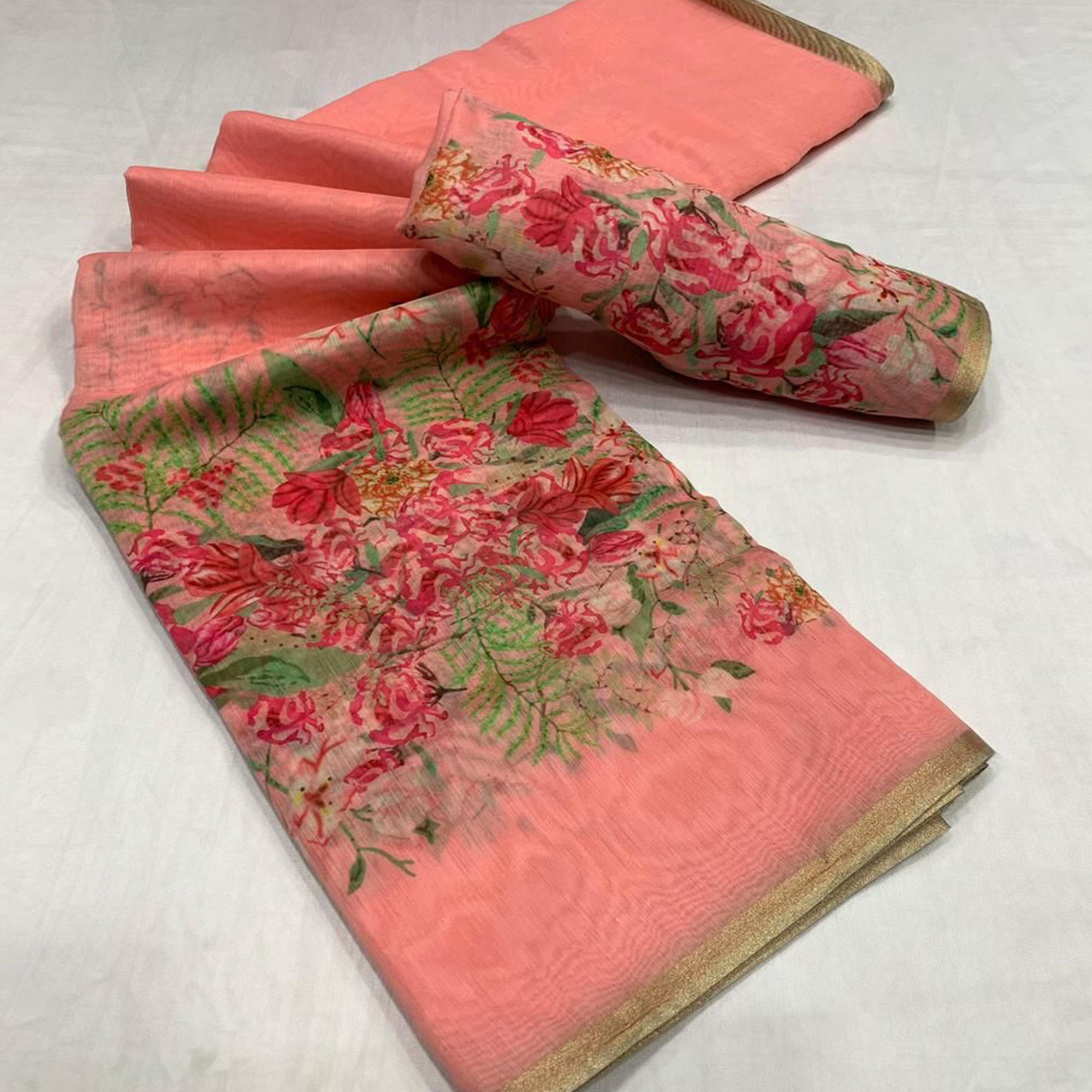 Peach Floral Digital Printed Linen Saree