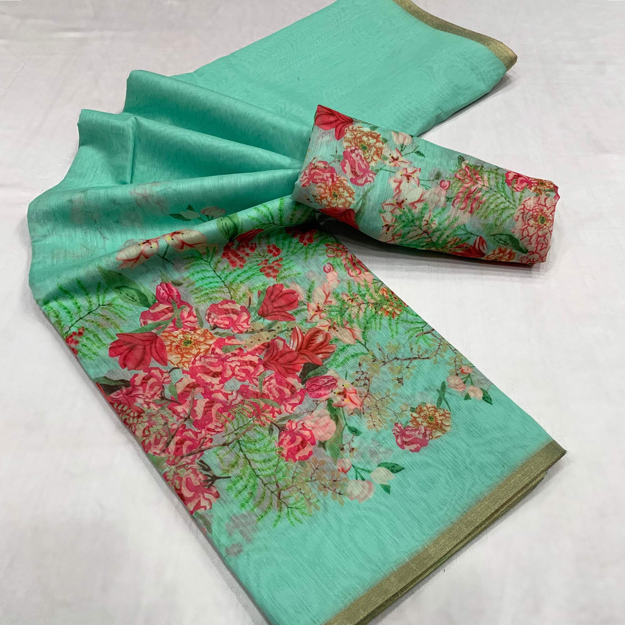 Turquoise Floral Digital Printed Linen Saree