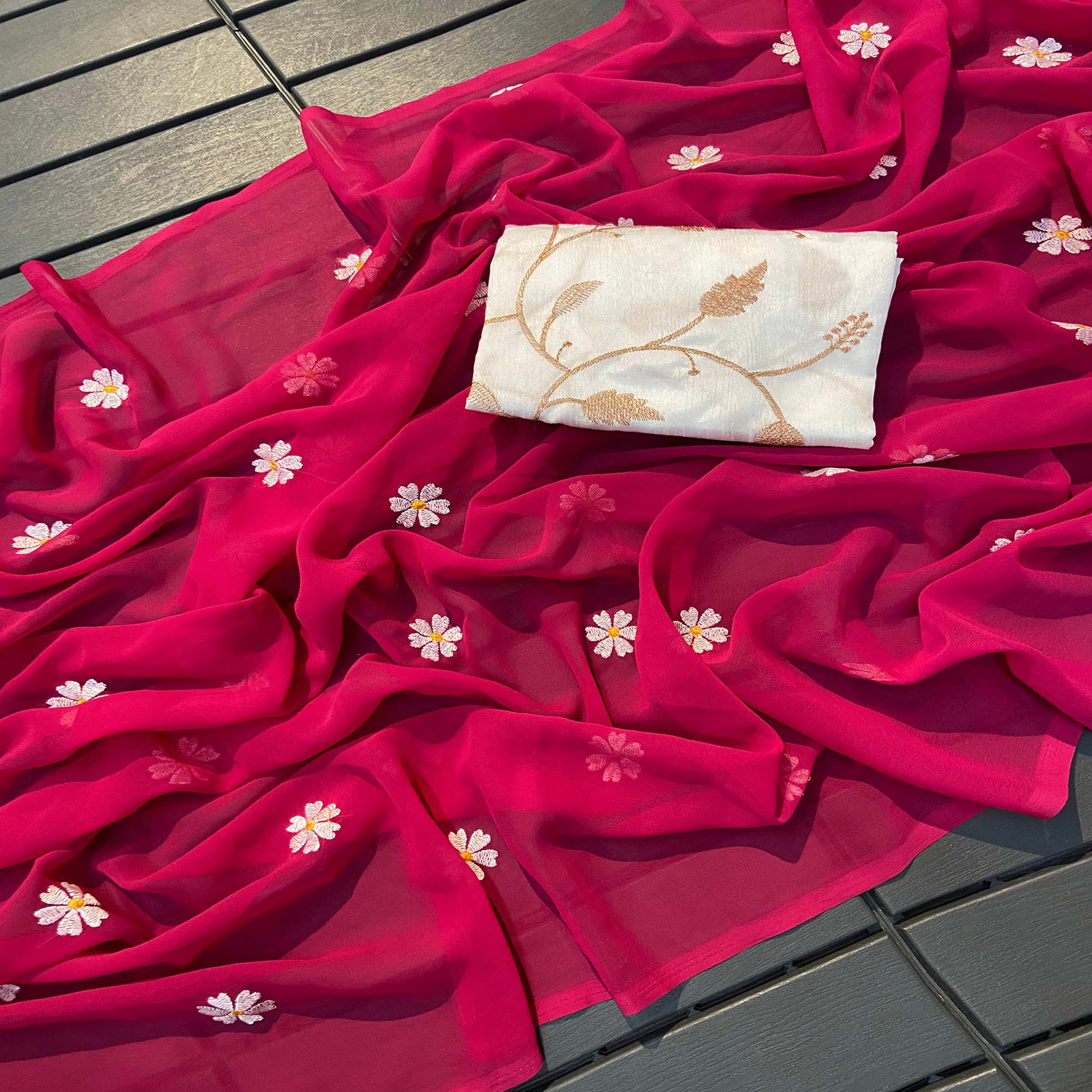 Rani Pink Floral Embroidered Georgette Saree