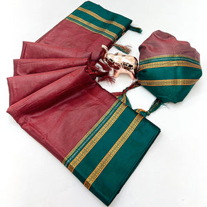 Classic Maroon Solid Weaving Pure Silk Saree Accented With Woven Striped Pallu & Tassel Finish