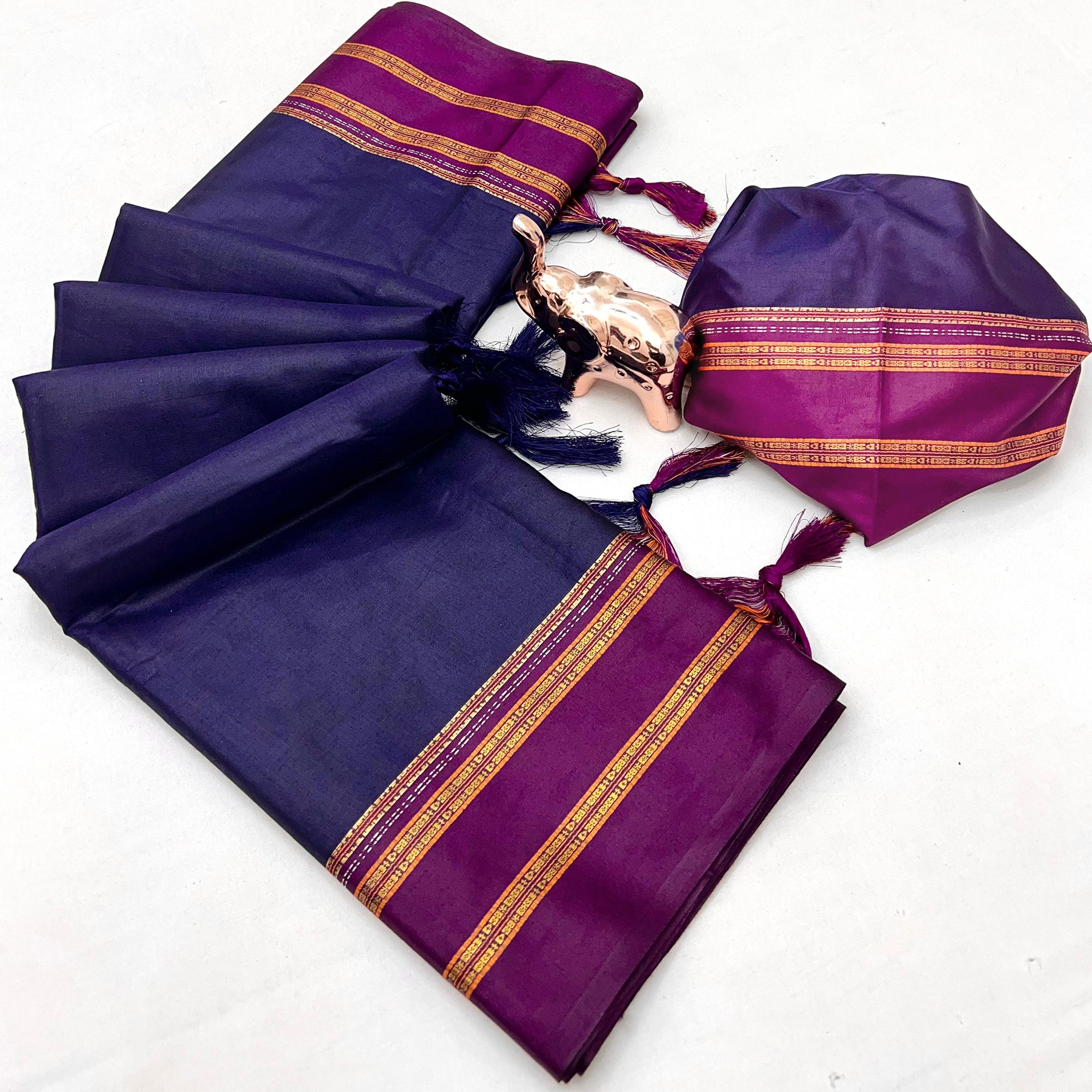 Classic Navy Blue Solid Weaving Pure Silk Saree Accented With Woven Striped Pallu & Tassel Finish