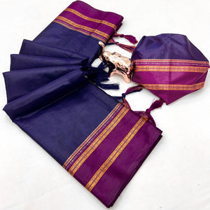 Classic Navy Blue Solid Weaving Pure Silk Saree Accented With Woven Striped Pallu & Tassel Finish