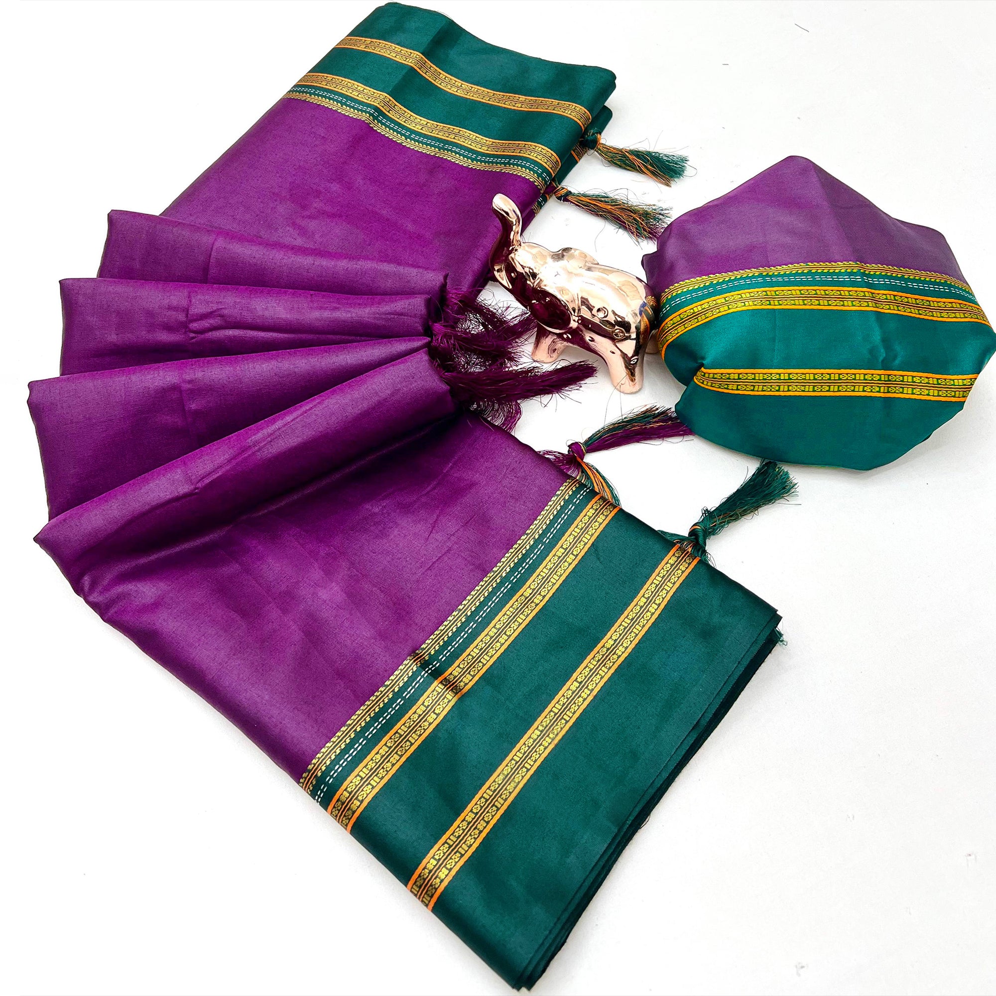 Classic Purple Solid Weaving Pure Silk Saree Accented With Woven Striped Pallu & Tassel Finish