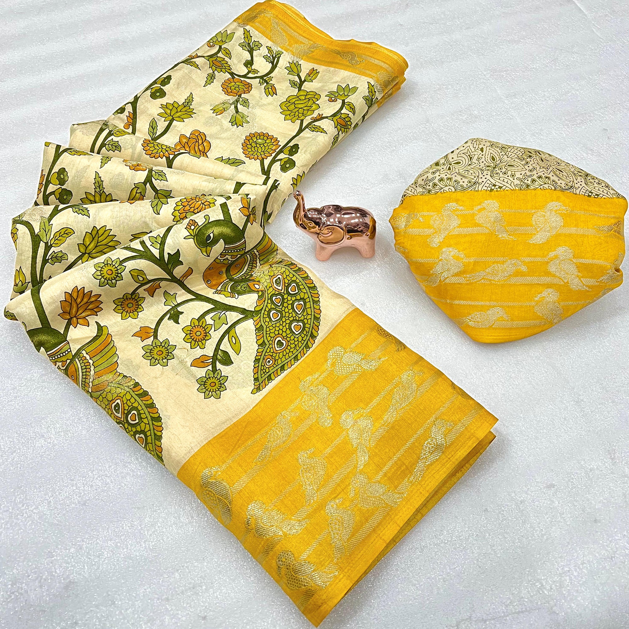 Elegant Cream & Yellow Cotton Blend Saree Adorned With Vibrant Peacock Floral Print
