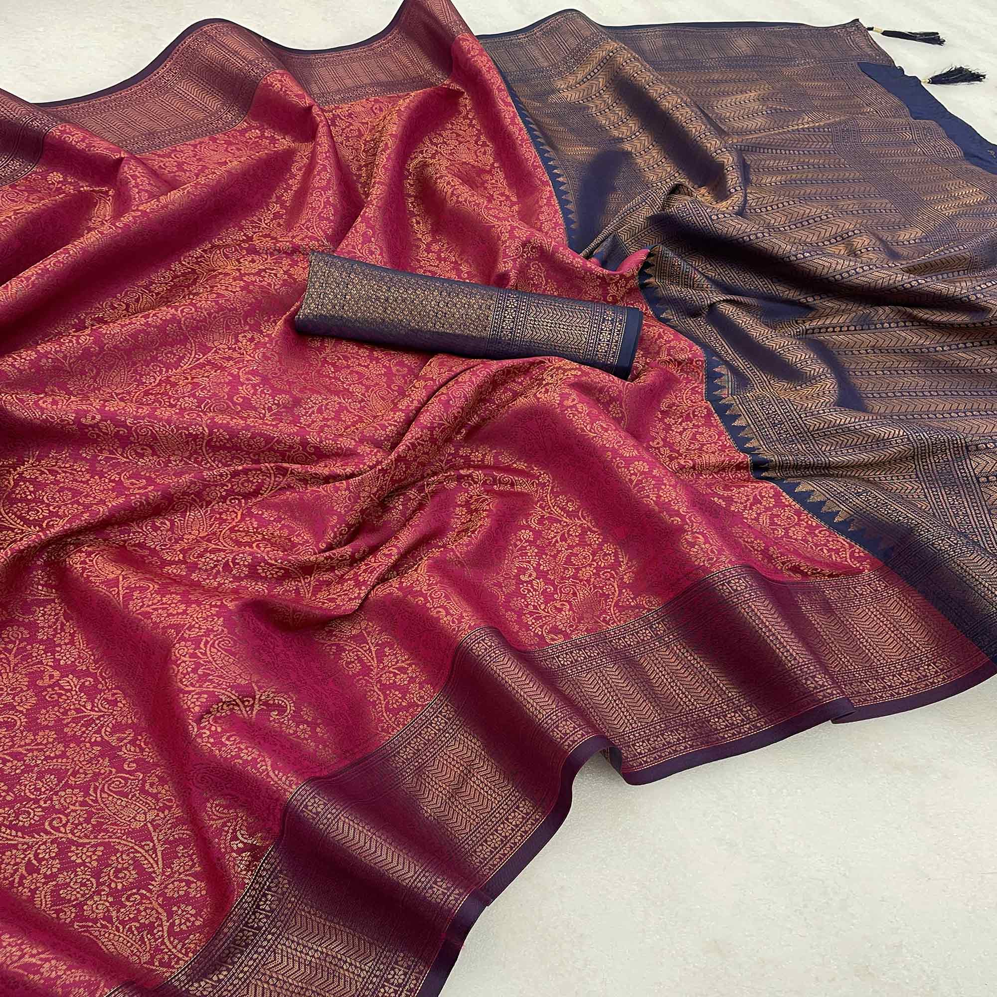 Magenta Woven Banarasi Silk Saree With Tassels