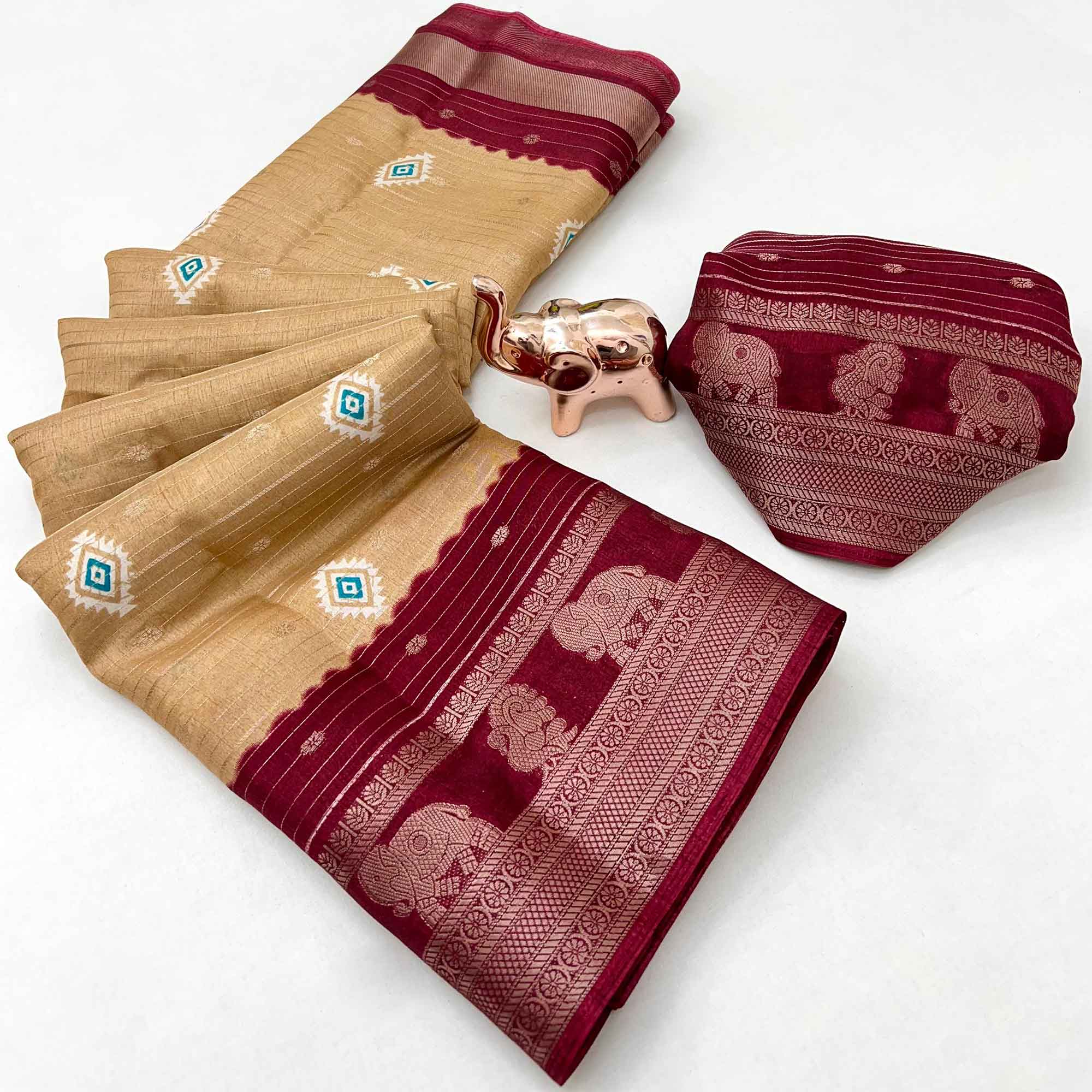 Charming Chikoo Printed Cotton Silk Saree With Elephant & Peacock Design Weaving Border