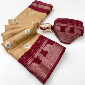 Charming Chikoo Printed Cotton Silk Saree With Elephant & Peacock Design Weaving Border