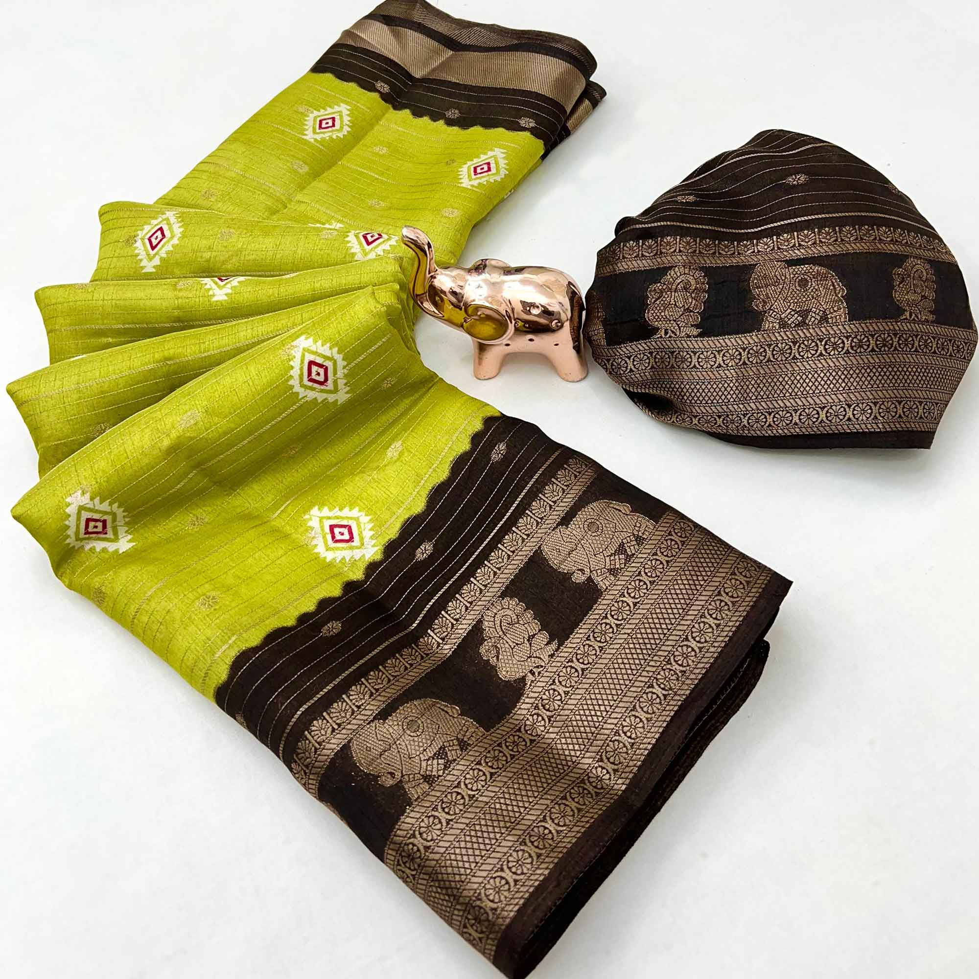 Charming Green Printed Cotton Silk Saree With Elephant & Peacock Design Weaving Border