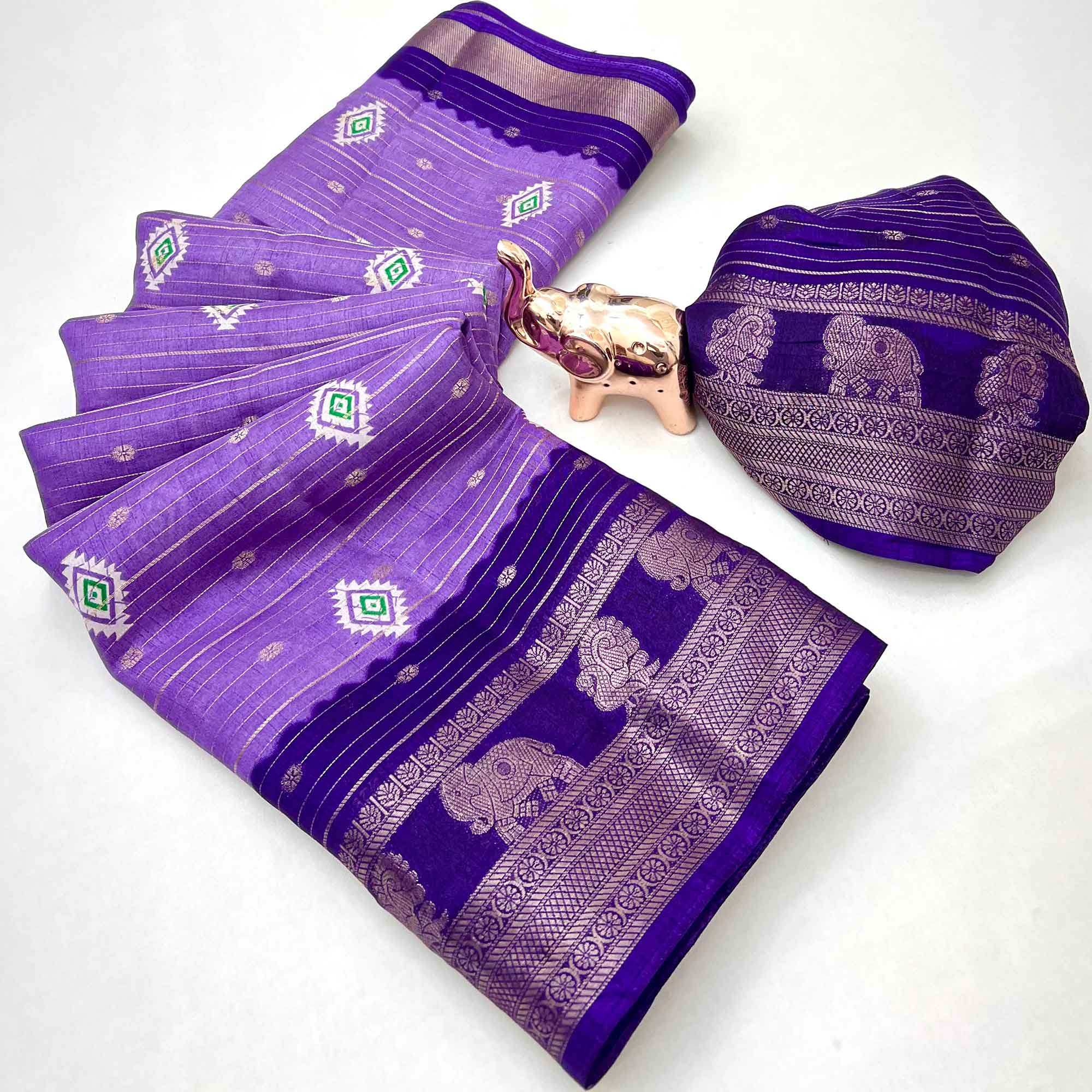 Charming Lavender Printed Cotton Silk Saree With Elephant & Peacock Design Weaving Border