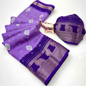 Charming Lavender Printed Cotton Silk Saree With Elephant & Peacock Design Weaving Border